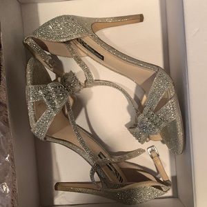 INC International Concepts silver rhinestone dress heels with bows